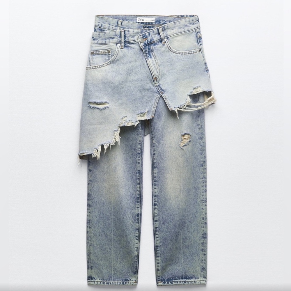 Zara Light Blue Distressed Asymmetric Straight Jeans